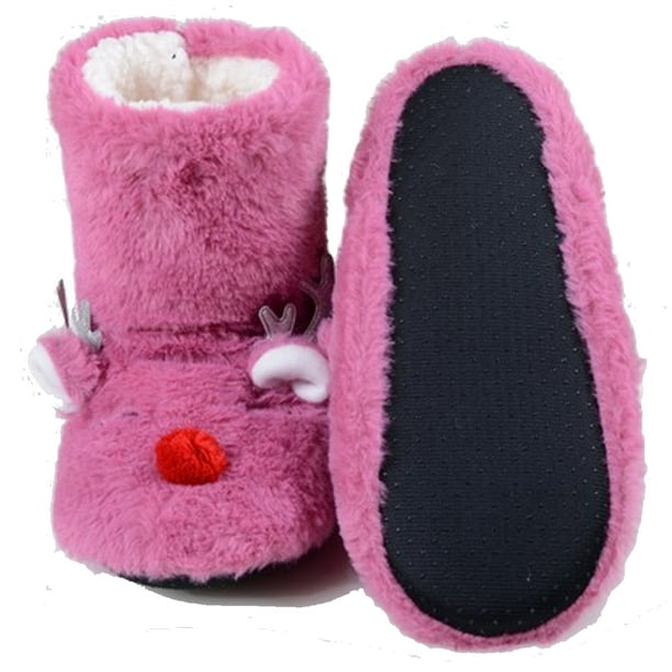 Girls Fun 3D Novelty Reindeer Cream Pink Kids Childrens Bootie Slippers Size